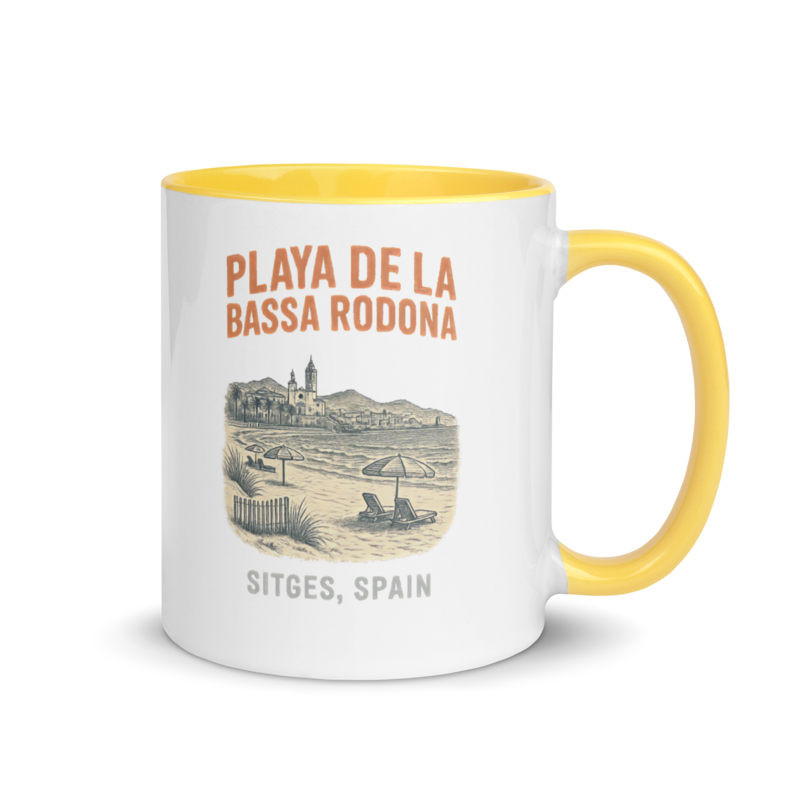 Debut garment mockup | Playa de la Bassa Rodone (Mug) | Yellow