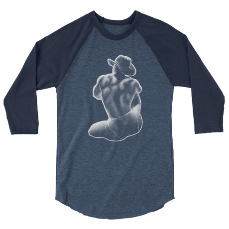 Debut garment mockup | Bikini Cowboy (Raglan) | Heather Denim/Navy