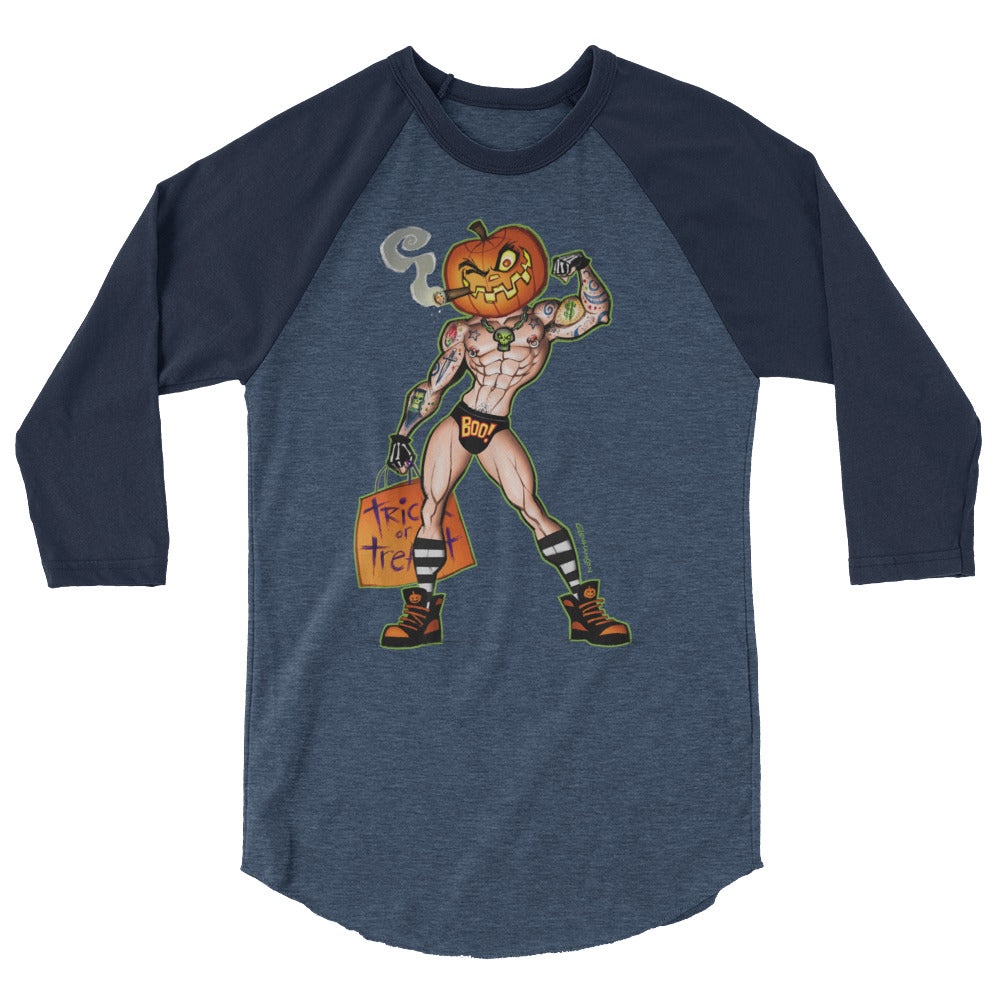 Debut garment mockup | Pumpkin Stud (Raglan) | Heather Denim/Navy