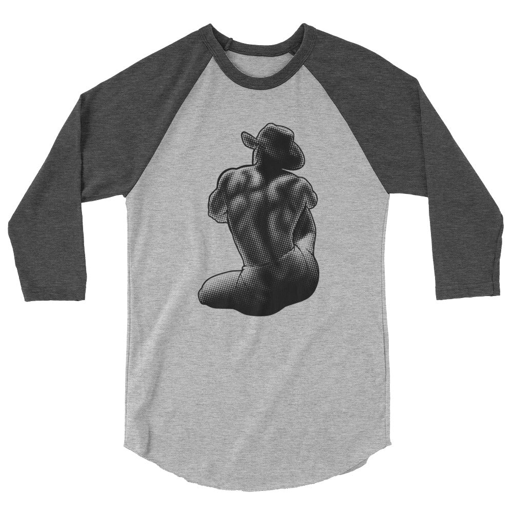 Debut garment mockup | Bikini Cowboy (Raglan) | Heather Grey/Heather Charcoal