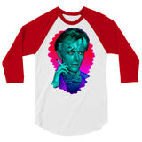 Debut garment mockup | The Man Who Sold the Hue (Raglan) | White/Red