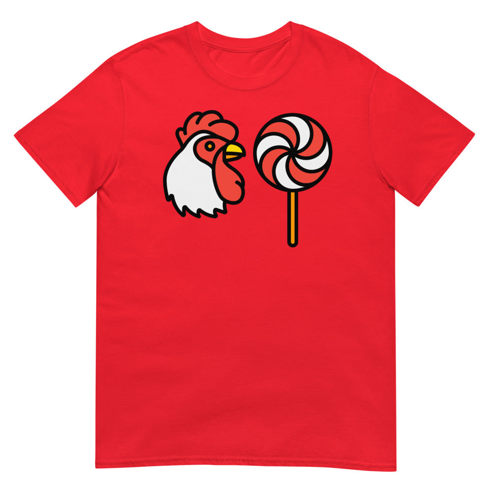 Debut garment mockup | Why did the Chicken (Daily Dozen) | Red