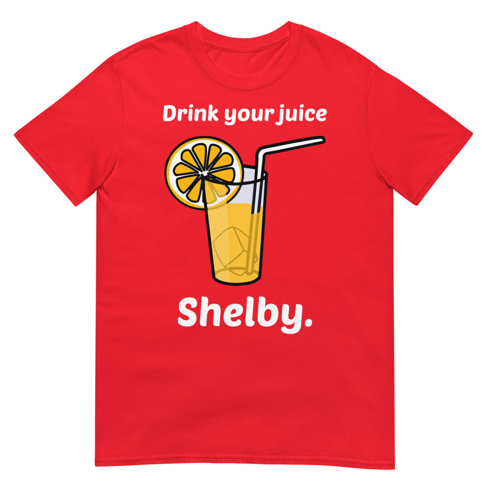Debut garment mockup | Drink Your Juice Shelby (Daily Dozen) | Red