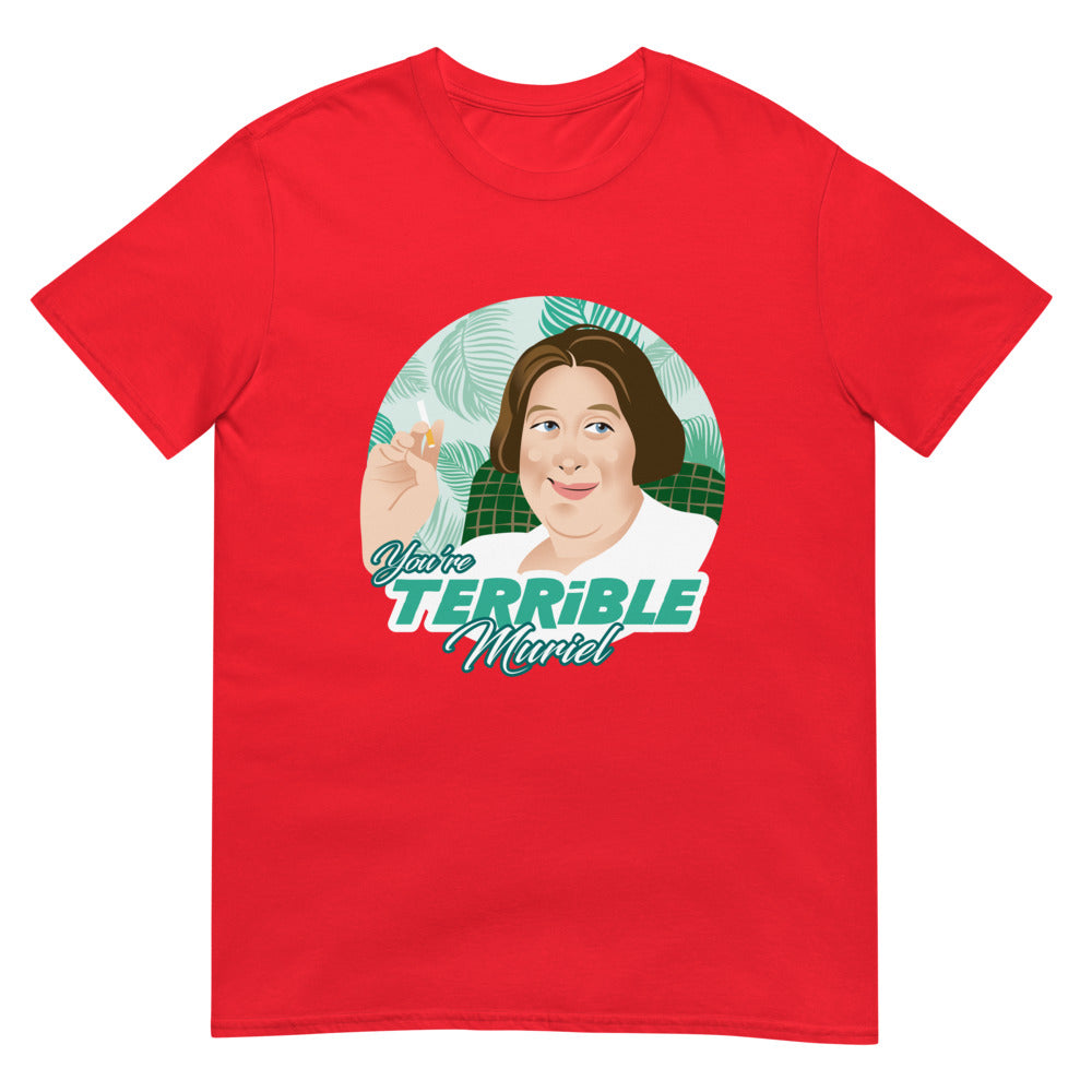 Debut garment mockup | You're Terrible Muriel (Daily Dozen) | Red