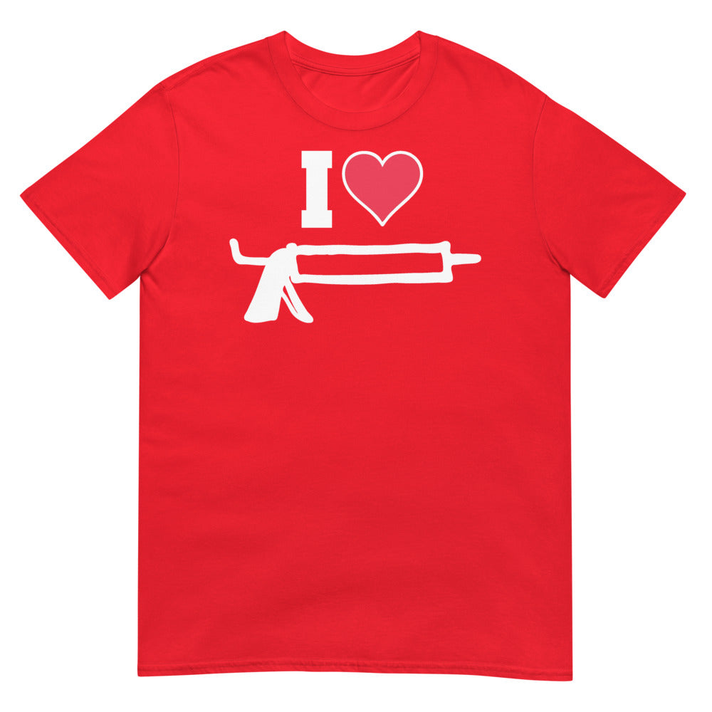 Debut garment mockup | I Love Caulk (Daily Dozen) | Red
