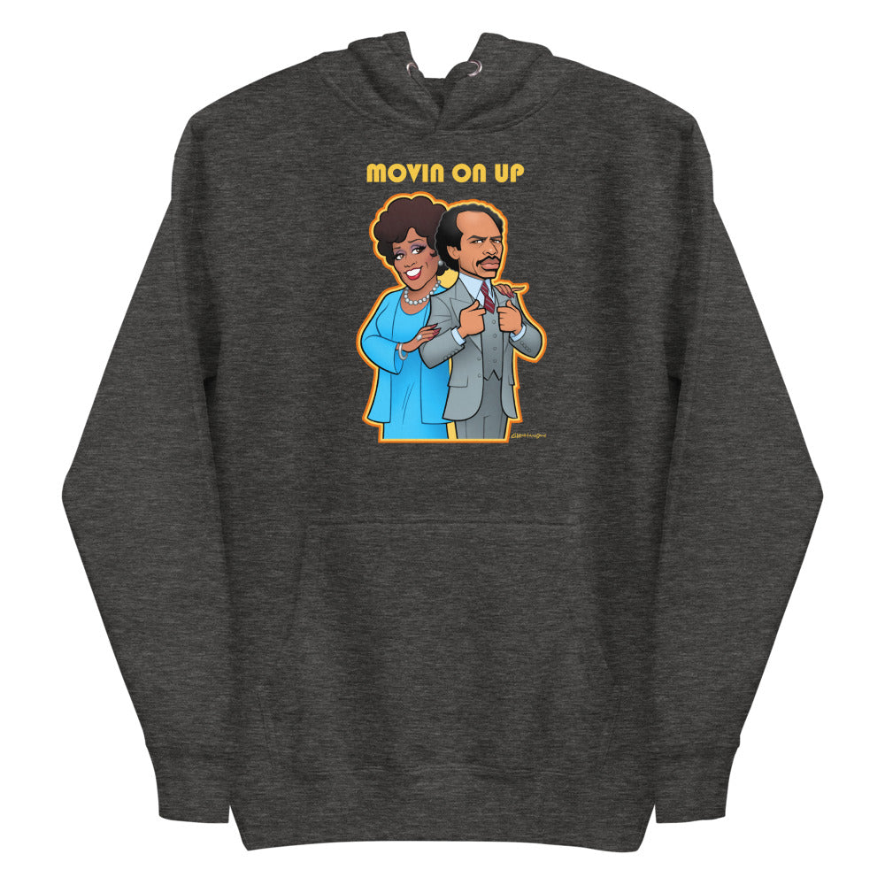 Debut garment mockup | Movin on Up (Hoodie) | Charcoal Heather