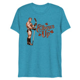 Debut garment mockup | Elbows Up (Triblend) | Aqua Triblend