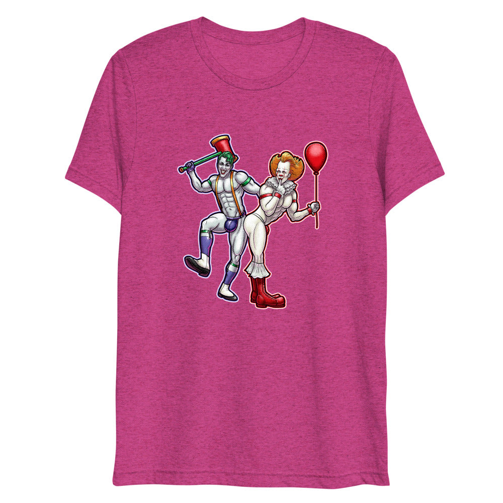 Debut garment mockup | Clowns to the Left, Jokers to the Right (Triblend) | Berry Triblend