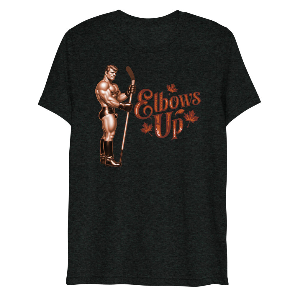 Debut garment mockup | Elbows Up (Triblend) | Charcoal-Black Triblend