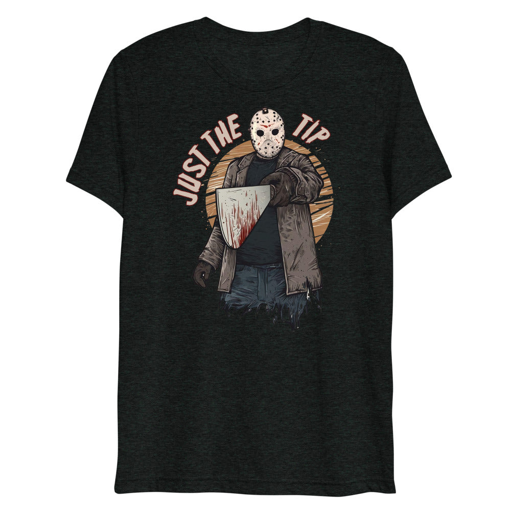 Debut garment mockup | Just the Tip of Horror (Triblend) | Charcoal-Black Triblend