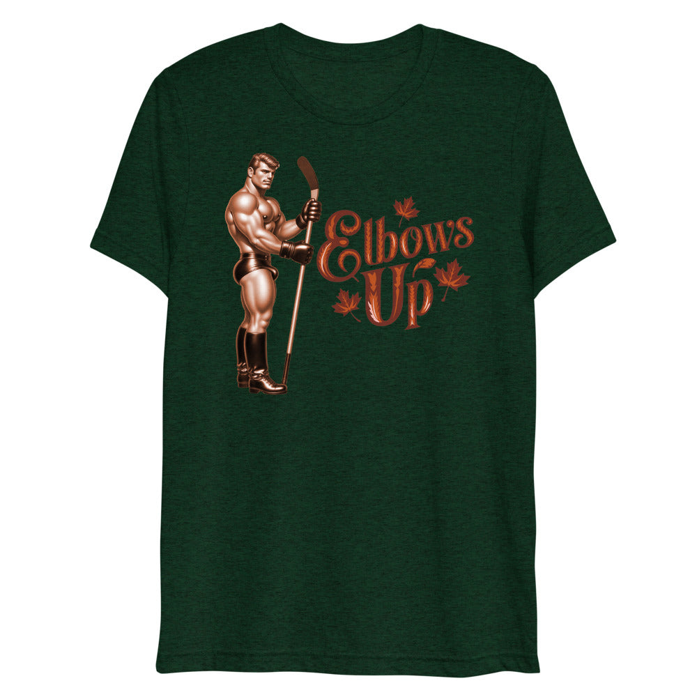 Debut garment mockup | Elbows Up (Triblend) | Emerald Triblend