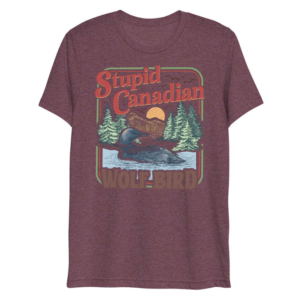 Debut garment mockup | Wolf Bird (Triblend) | Maroon Triblend