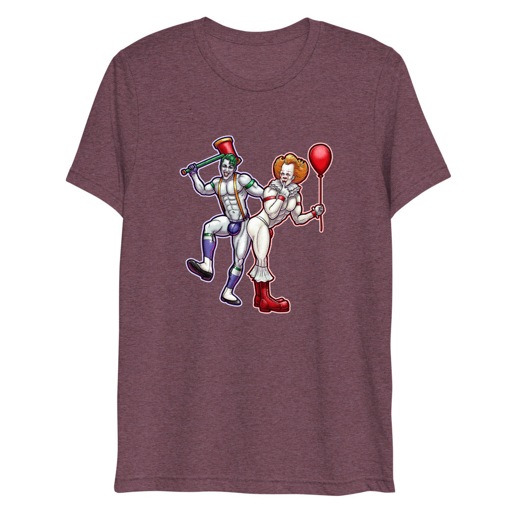 Debut garment mockup | Clowns to the Left, Jokers to the Right (Triblend) | Maroon Triblend