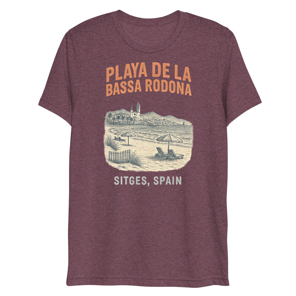 Debut garment mockup | Playa de la Bassa Rodone (Triblend) | Maroon Triblend