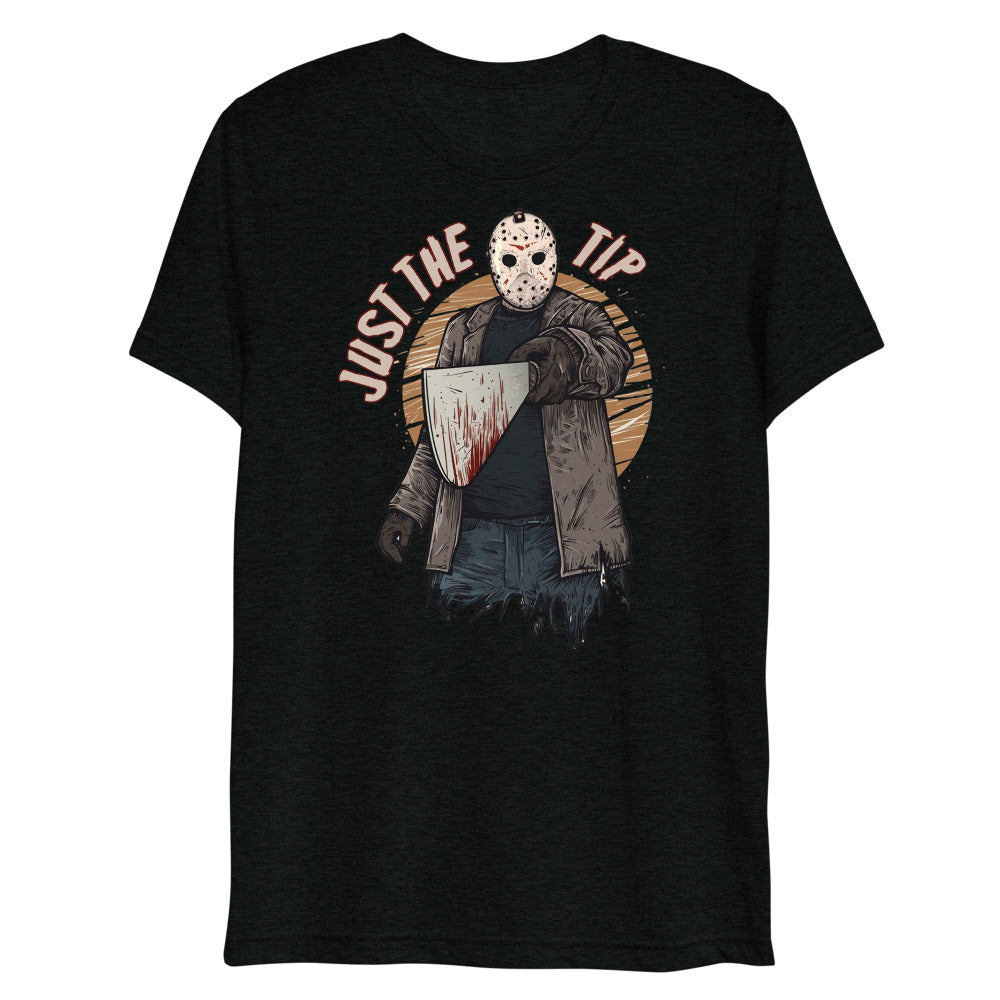 Debut garment mockup | Just the Tip of Horror (Triblend) | Solid Black Triblend