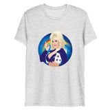 Debut garment mockup | Here Comes the Rainbow (Triblend) | White Fleck Triblend