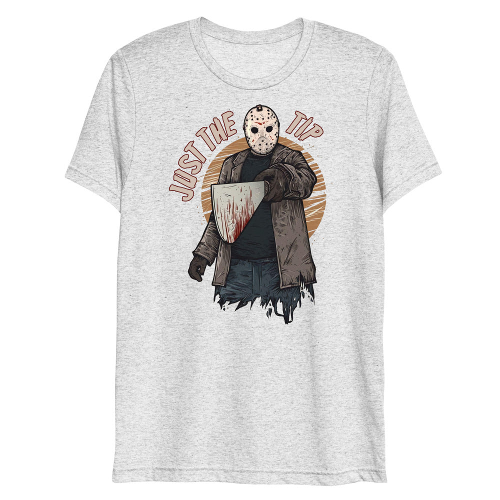 Debut garment mockup | Just the Tip of Horror (Triblend) | White Fleck Triblend
