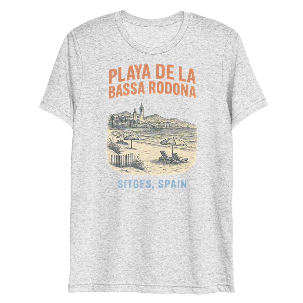 Debut garment mockup | Playa de la Bassa Rodone (Triblend) | White Fleck Triblend
