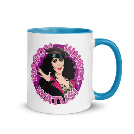 Debut garment mockup | Wagon Wheel Watusi (Mug) | Blue