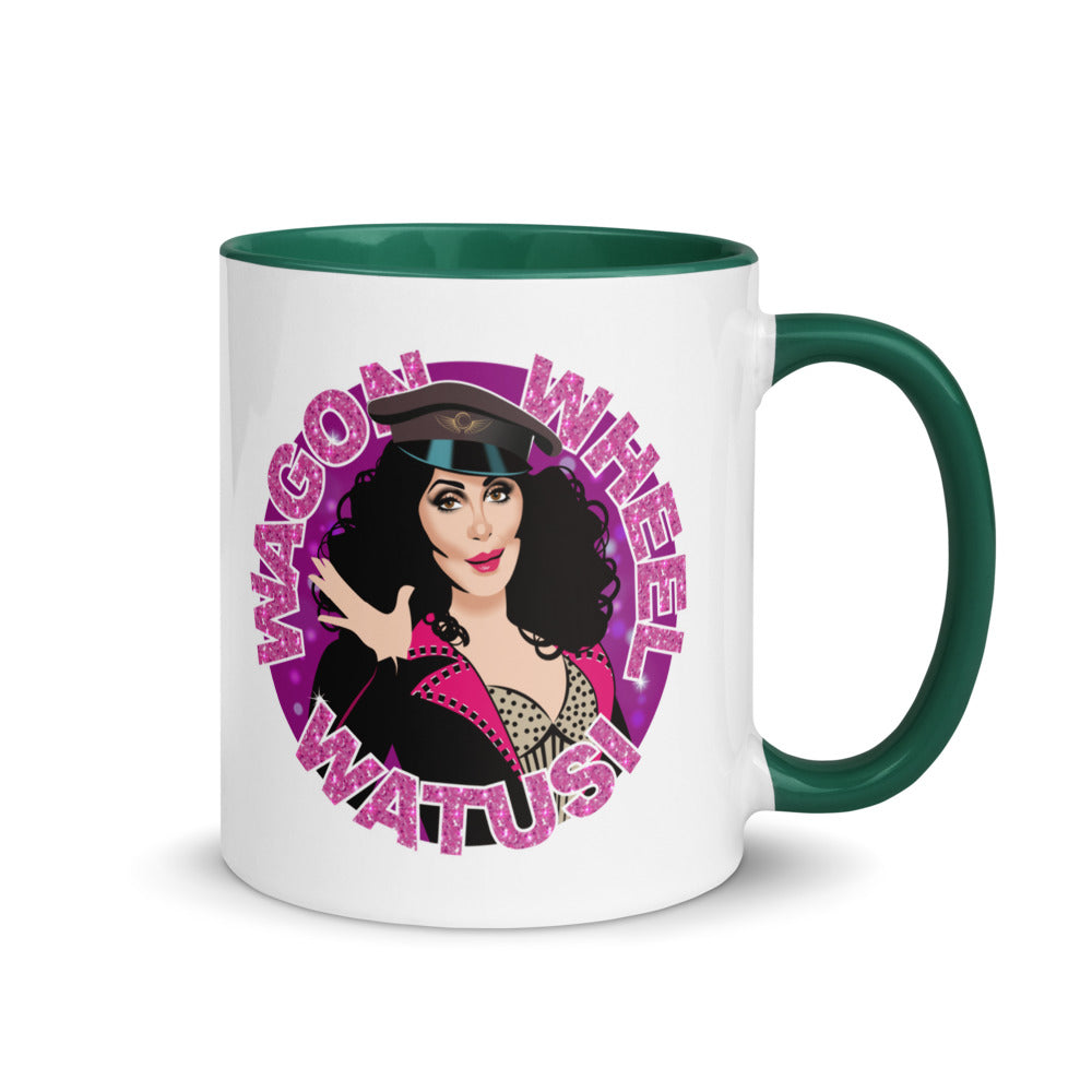 Debut garment mockup | Wagon Wheel Watusi (Mug) | Dark Green