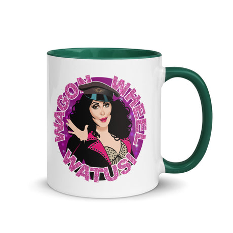 Debut garment mockup | Wagon Wheel Watusi (Mug) | Dark Green