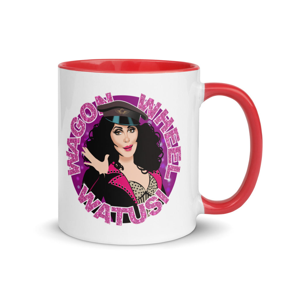 Debut garment mockup | Wagon Wheel Watusi (Mug) | Red