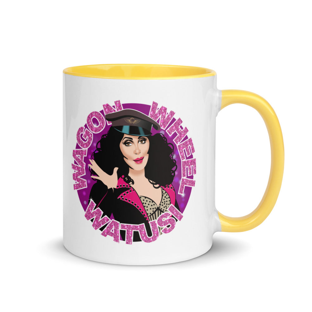 Debut garment mockup | Wagon Wheel Watusi (Mug) | Yellow